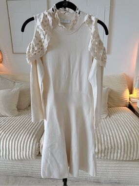 Sandro Paris Ivory Crochet Ruffle Cold Shoulder Knit Dress – Size Small